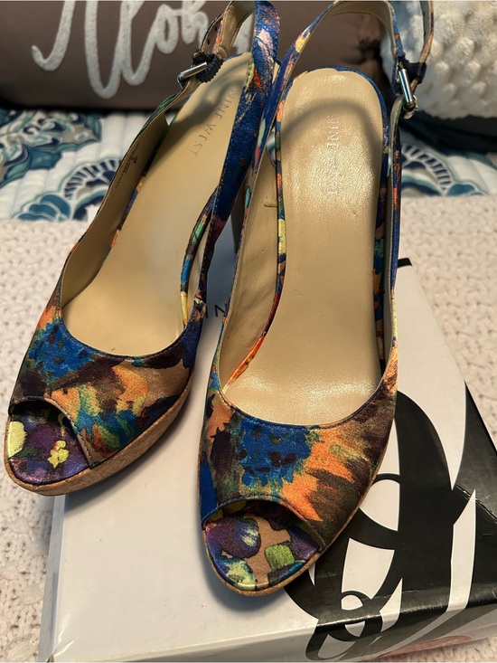 Nine West Shoes - Nine West Blue Multi Floral Peep-Toe Slingback Heels